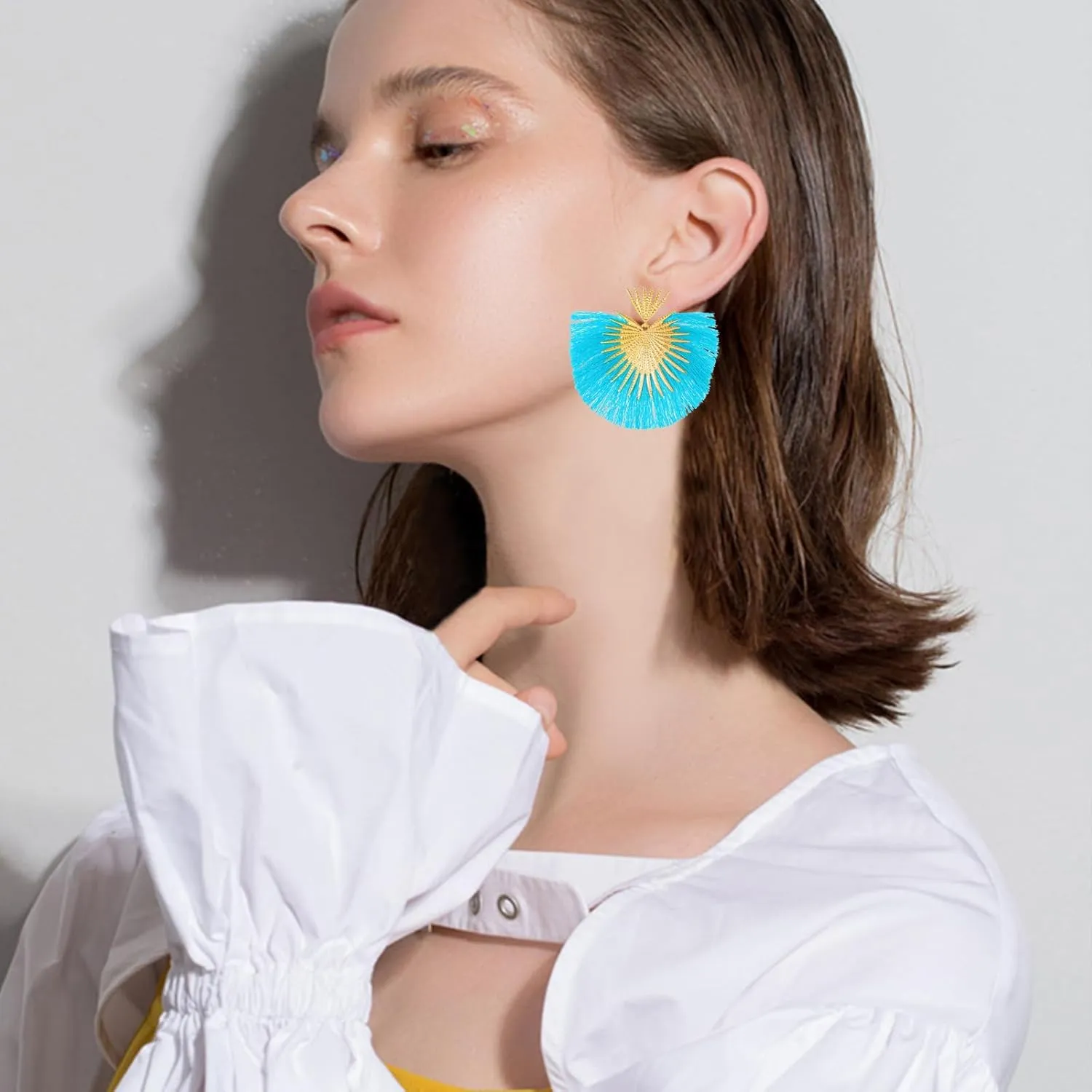 Bohemian Geometric Thread Tassel Fan Shaped Drop Dangle Earrings for Women Jewelry