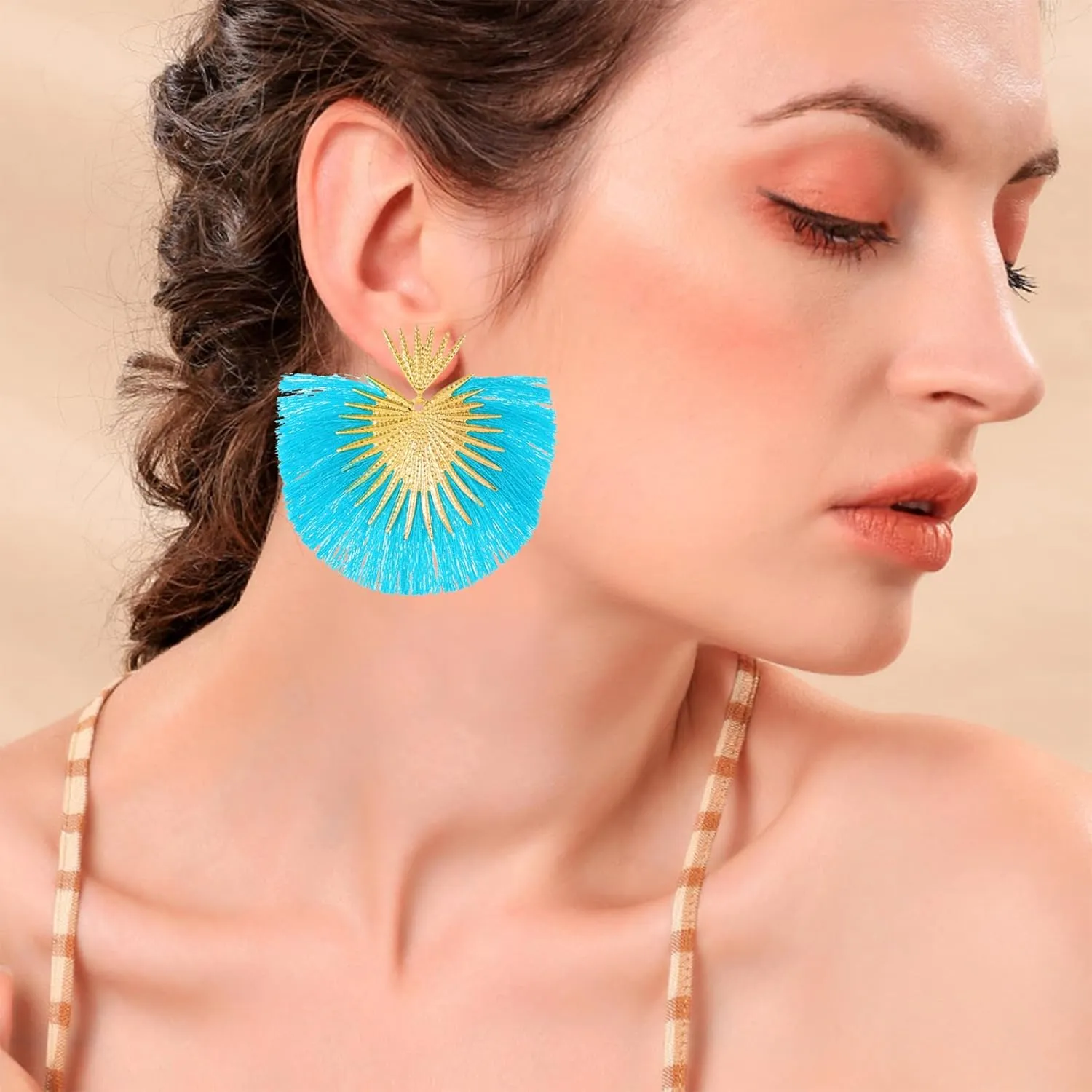 Bohemian Geometric Thread Tassel Fan Shaped Drop Dangle Earrings for Women Jewelry