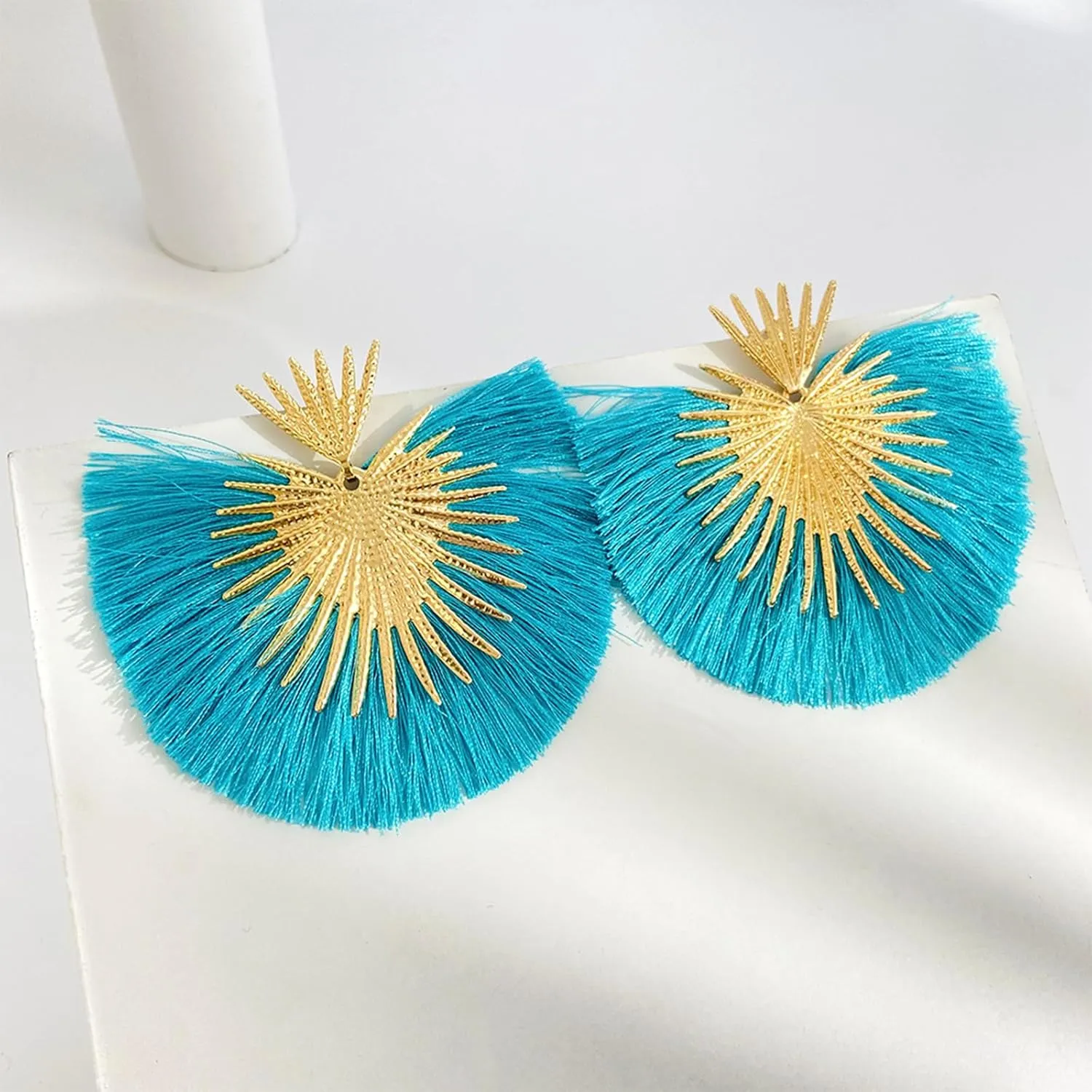 Bohemian Geometric Thread Tassel Fan Shaped Drop Dangle Earrings for Women Jewelry