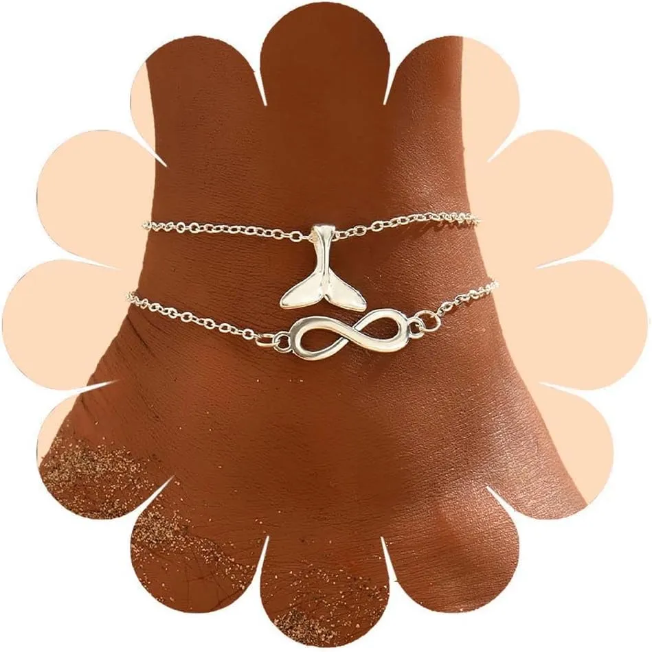 Bohemian Layered Fish Tail Anklet Infinity Symbol Ankle Bracelets Silver Anklets Chain Bracelet Summer Beach Foot Ankle Chain Jewelry for Women and Teen