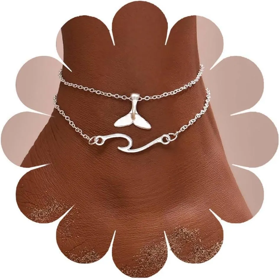 Bohemian Layered Fish Tail Anklet Water Wave Ankle Bracelets Silver Anklets Chain Bracelet Summer Beach Foot Ankle Chain Jewelry for Women and Teen