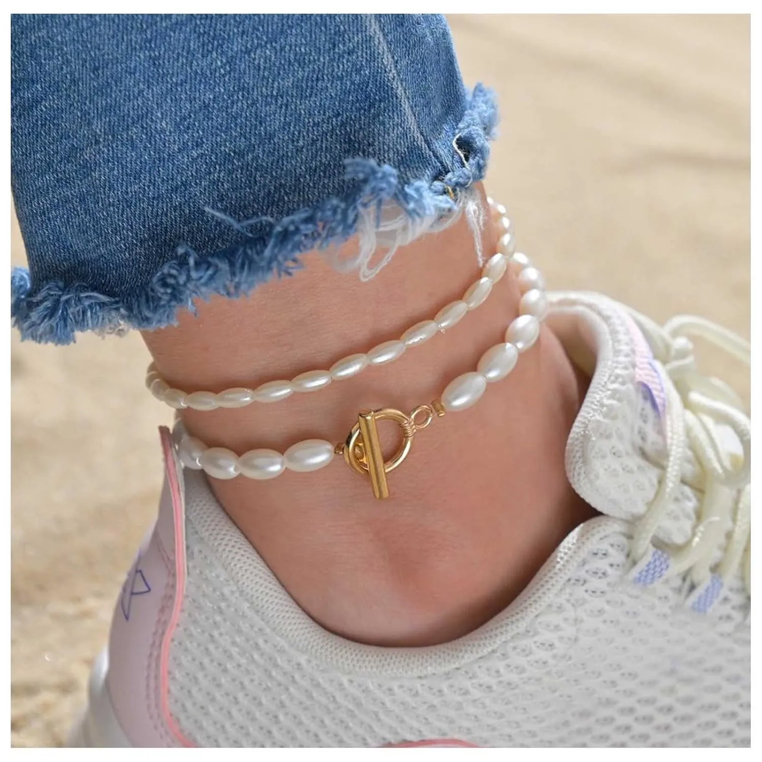 Bohemian Layered Pearl Chain Anklet Gold T Bar Ankle Bracelet Oval Pearl Toggle Clasp Anklet Adjustable Pearl Anklets Summer Beach Foot Chain Jewelry for Women and Girls