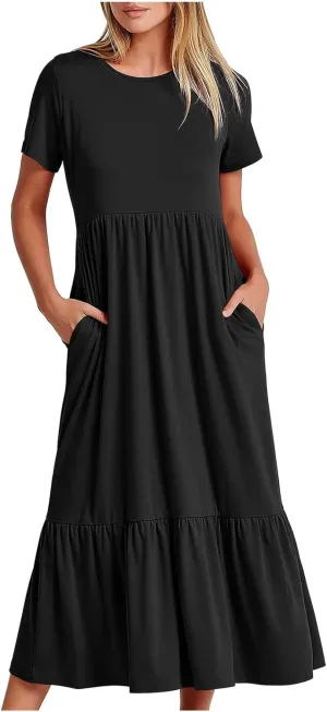 Boho Dresses Women 2024 Summer Casual Short Sleeve A-Line Boho Flowy Beach Dress Vacation Daily Loose Sundress with Pockets