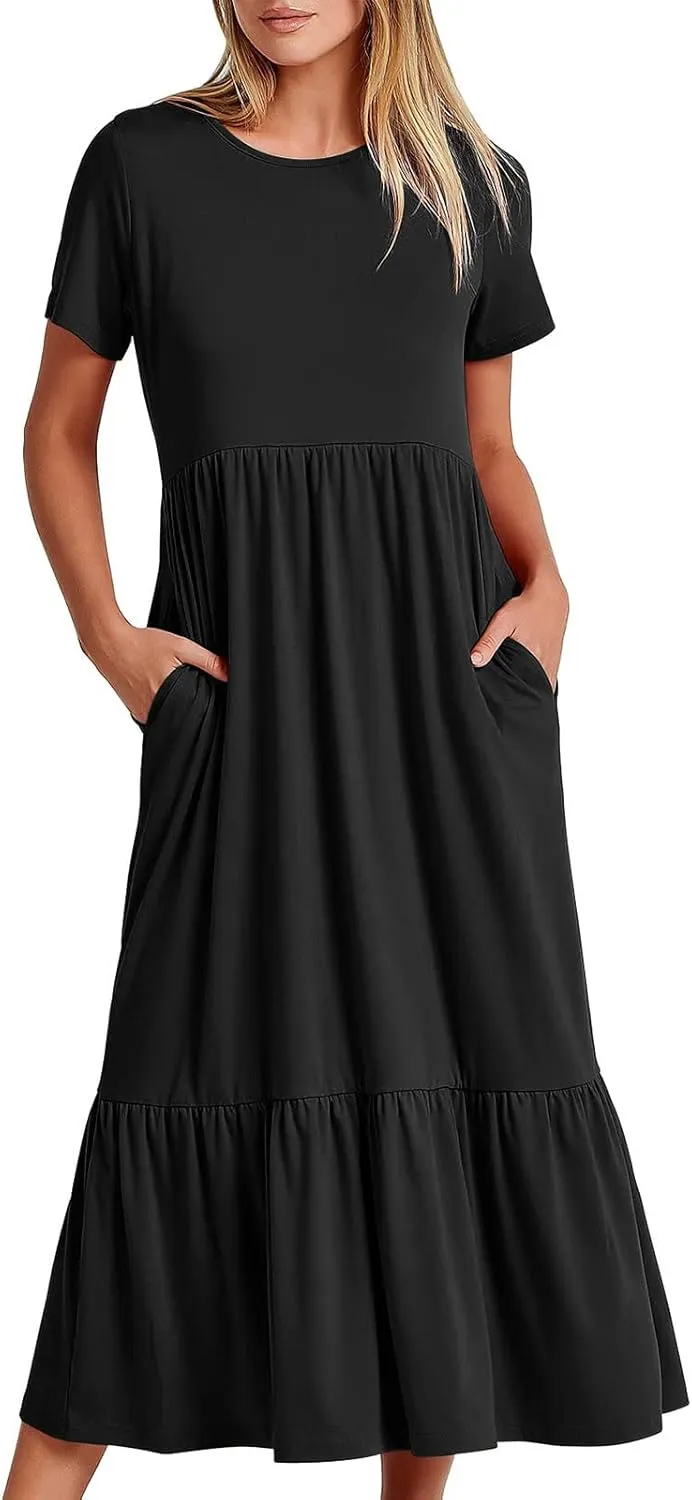 Boho Dresses Women 2024 Summer Casual Short Sleeve A-Line Boho Flowy Beach Dress Vacation Daily Loose Sundress with Pockets