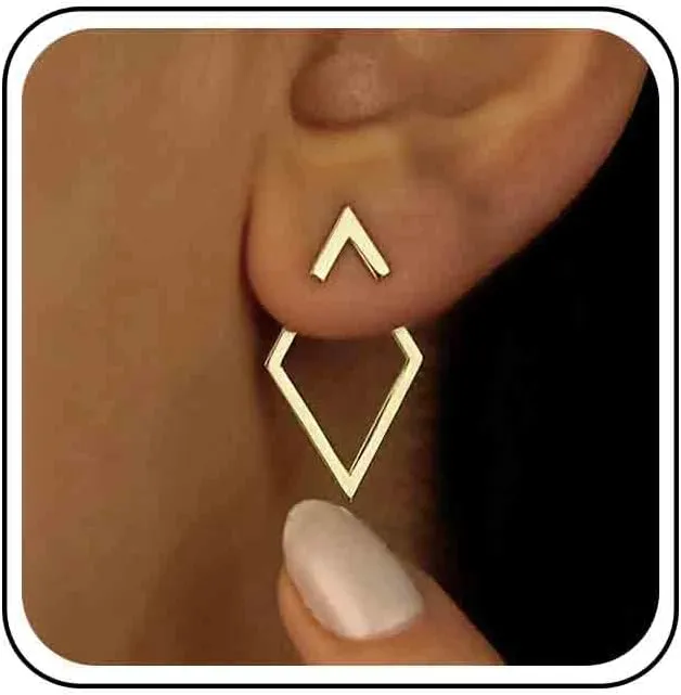 Boho Square Ear Jackets Earrings Hollow Square Dangle Earrings Gold Front Back Studs Earrings Minimalist Geometric Rhombus Earrings Jewelry for Women