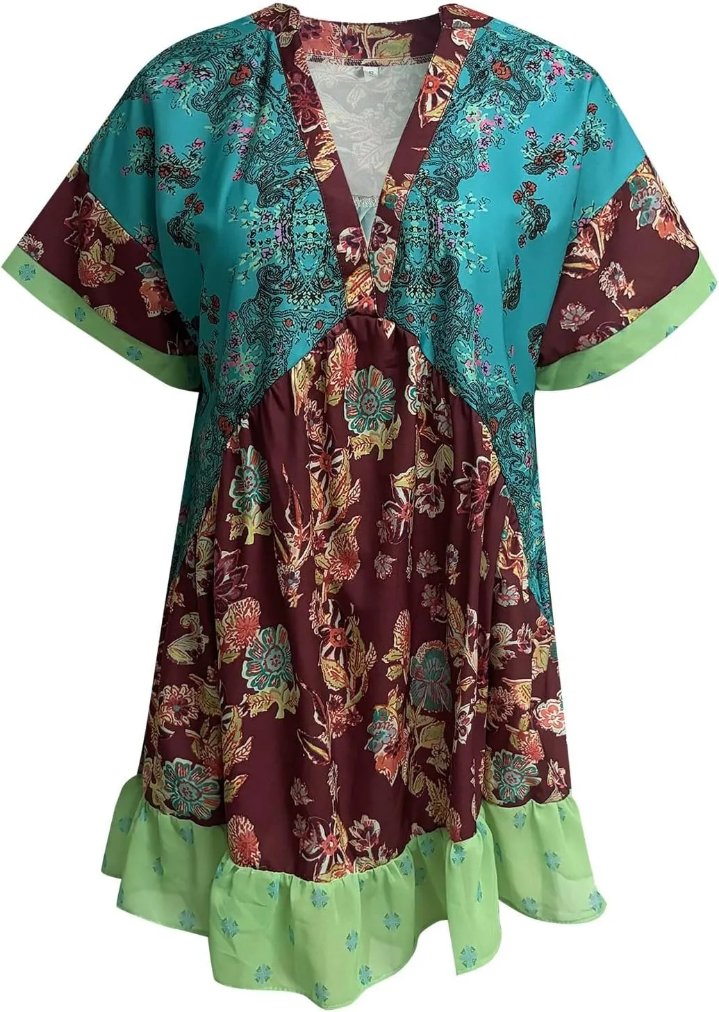 Boho Summer Dress Casual Patchwork Floral Deep V Neck Ruffle Oversized Babydoll Sundress Y2k Hot Shot Mini Dress