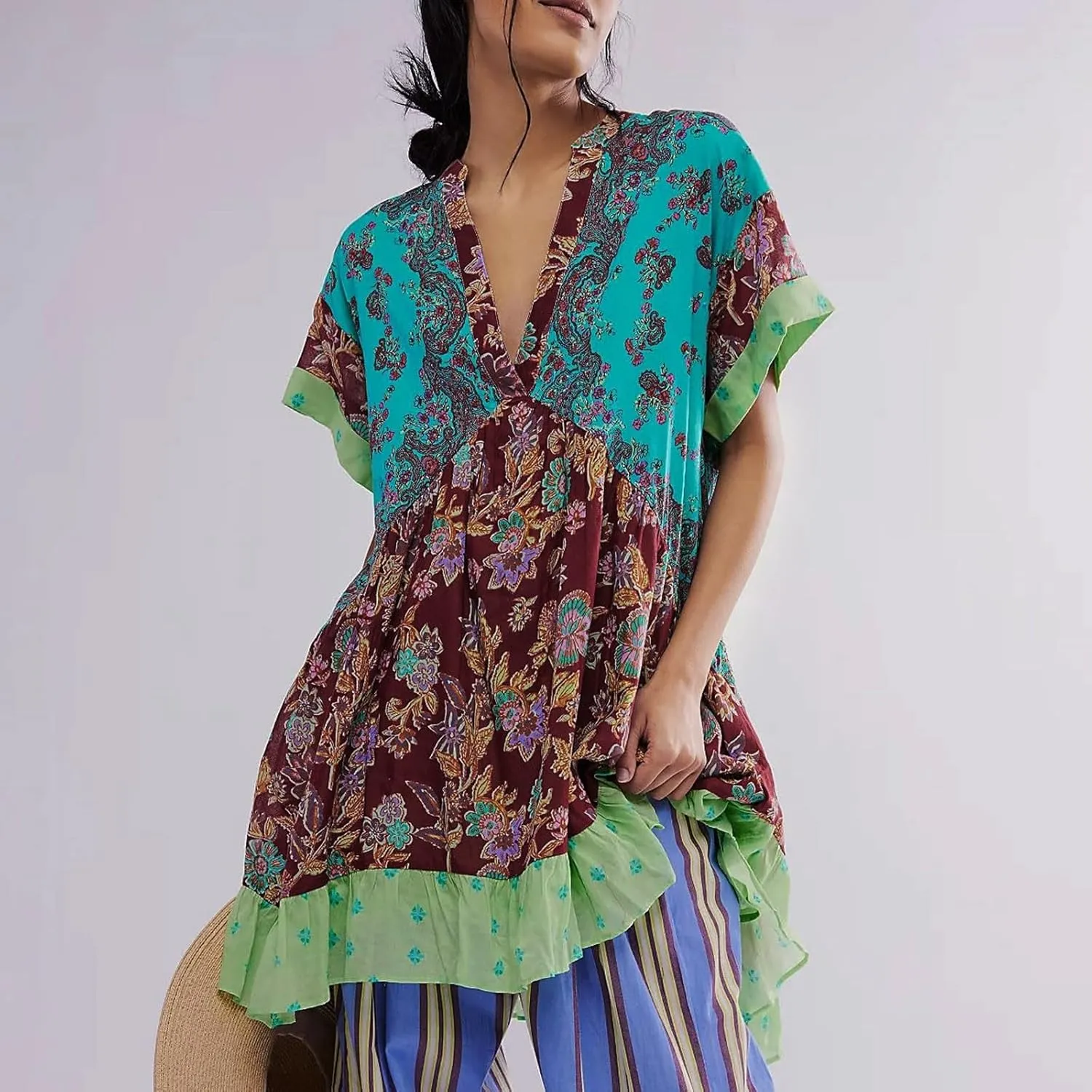 Boho Summer Dress Casual Patchwork Floral Deep V Neck Ruffle Oversized Babydoll Sundress Y2k Hot Shot Mini Dress