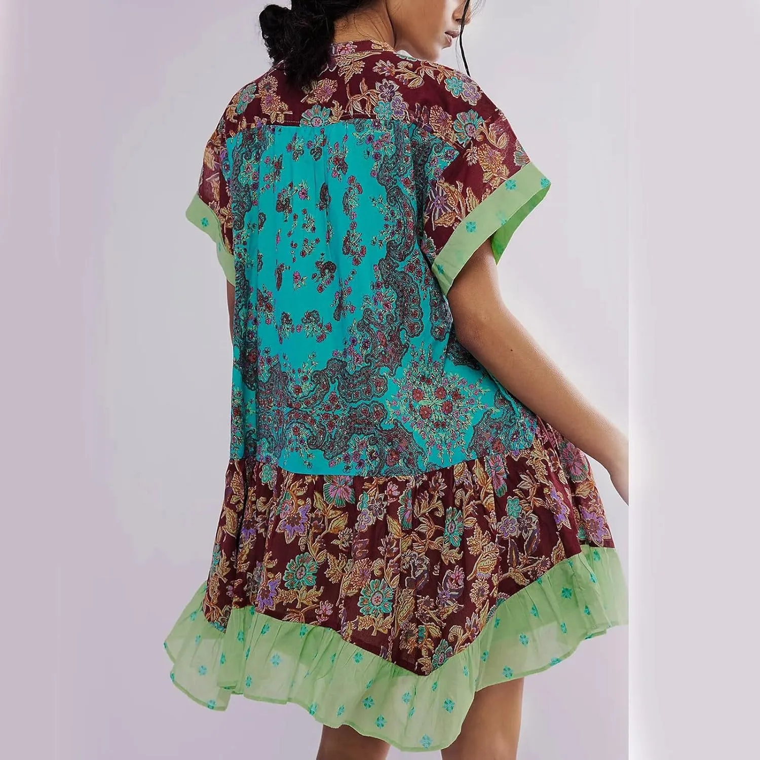 Boho Summer Dress Casual Patchwork Floral Deep V Neck Ruffle Oversized Babydoll Sundress Y2k Hot Shot Mini Dress