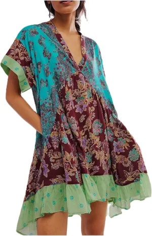 Boho Summer Dress Casual Patchwork Floral Deep V Neck Ruffle Oversized Babydoll Sundress Y2k Hot Shot Mini Dress