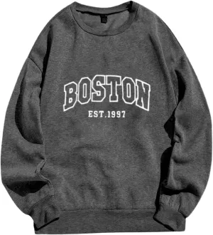 Boston Sweatshirts Women Round Neck Letter Graphic Cute Pullover Oversized Casual Hoodie Teen Girls Spring Y2K Clothes