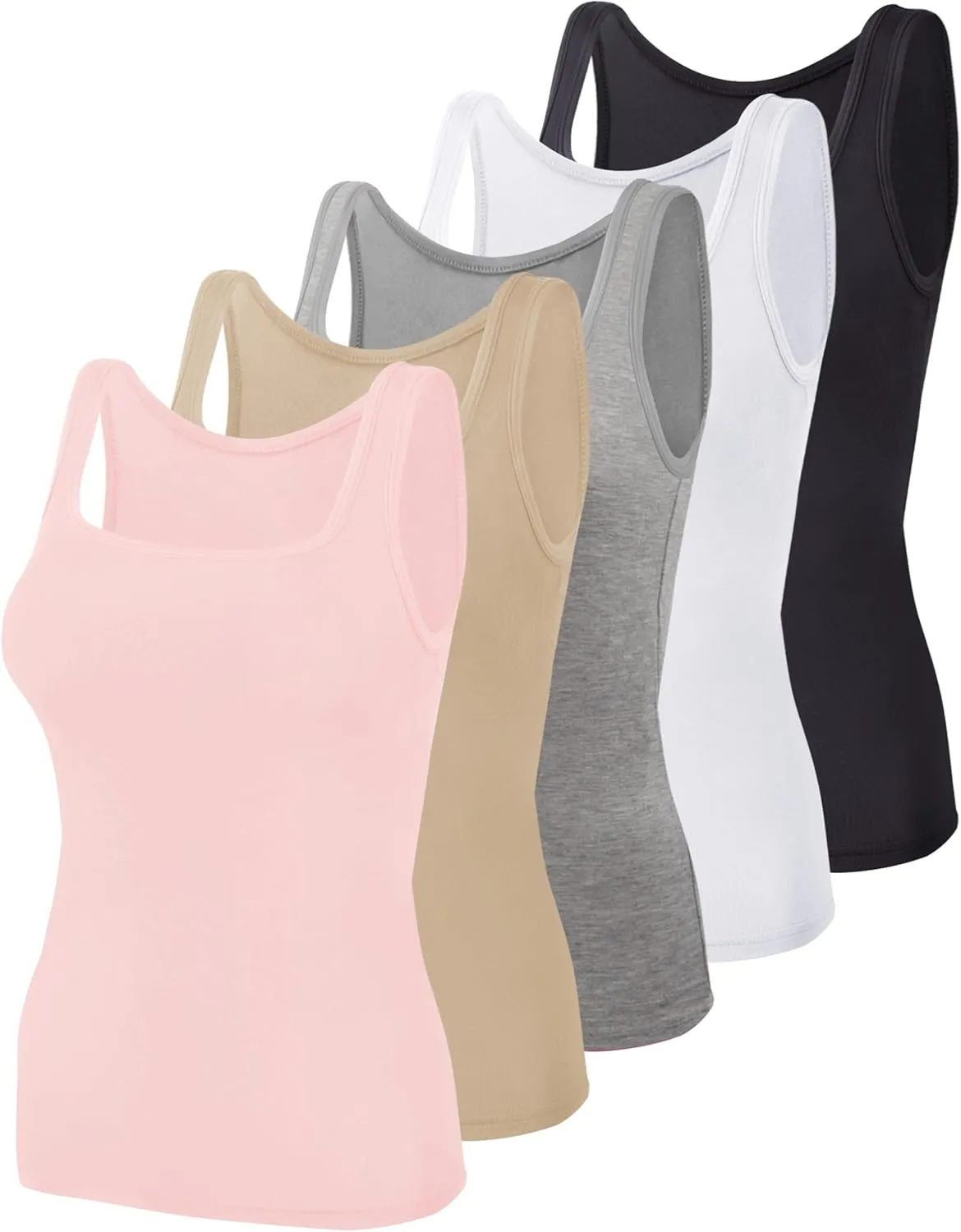 BQTQ 5 Pack Women's Tank Tops Square Neck Sleeveless Ladies Tank Top Undershirts