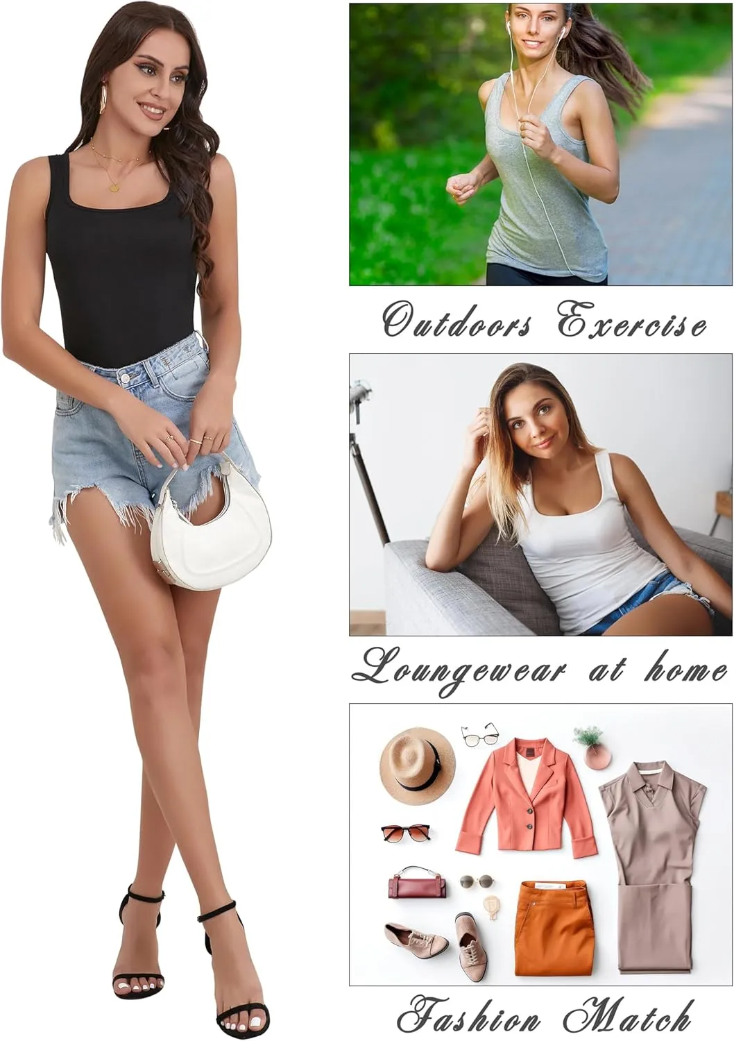 BQTQ 6 Pcs Women's Square Neck Tank Top Sleeveless Undershirt Basic Tank Tops for Women Girls