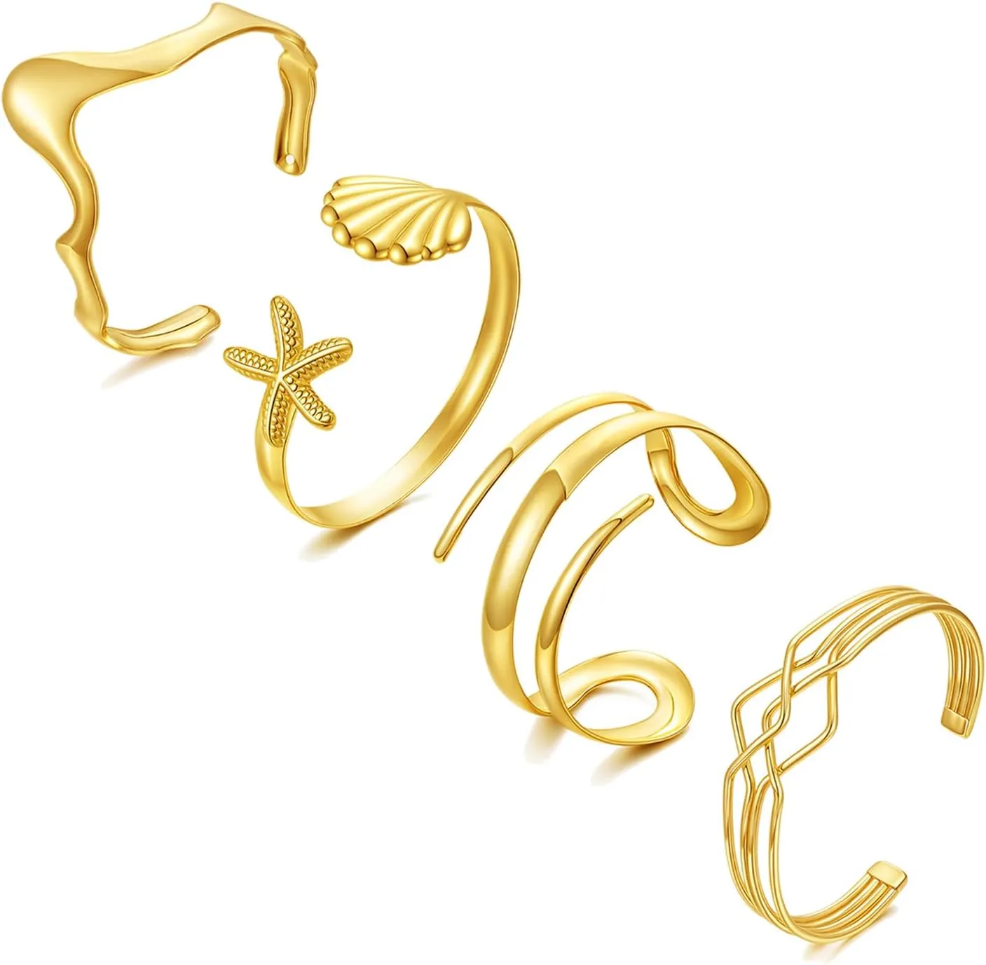 BROCC 4PCS 14K Gold Plated Stackable Cuff Bracelets Set for Women Adjustable Open Cuff Bangle Bracelet Hammered Wrist Thin Minimalist Gold Cuff Bracelets