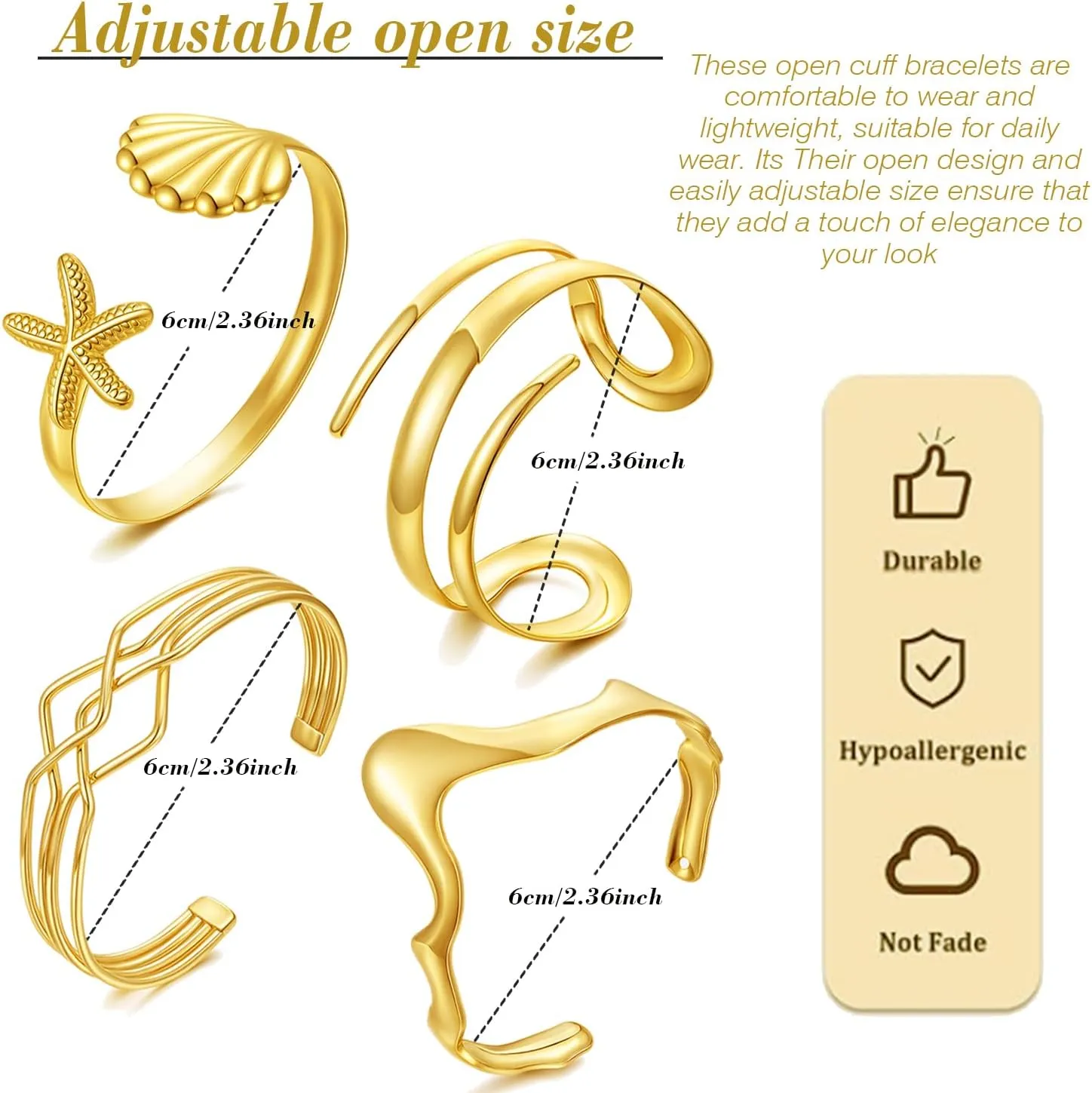 BROCC 4PCS 14K Gold Plated Stackable Cuff Bracelets Set for Women Adjustable Open Cuff Bangle Bracelet Hammered Wrist Thin Minimalist Gold Cuff Bracelets