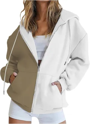 BTDECLAR 2023 Fashion Color Block Hoodie for Women Casual Long Sleeve Oversized Sweatshirts Pocket Zip Up Hoodies Jacket Tops