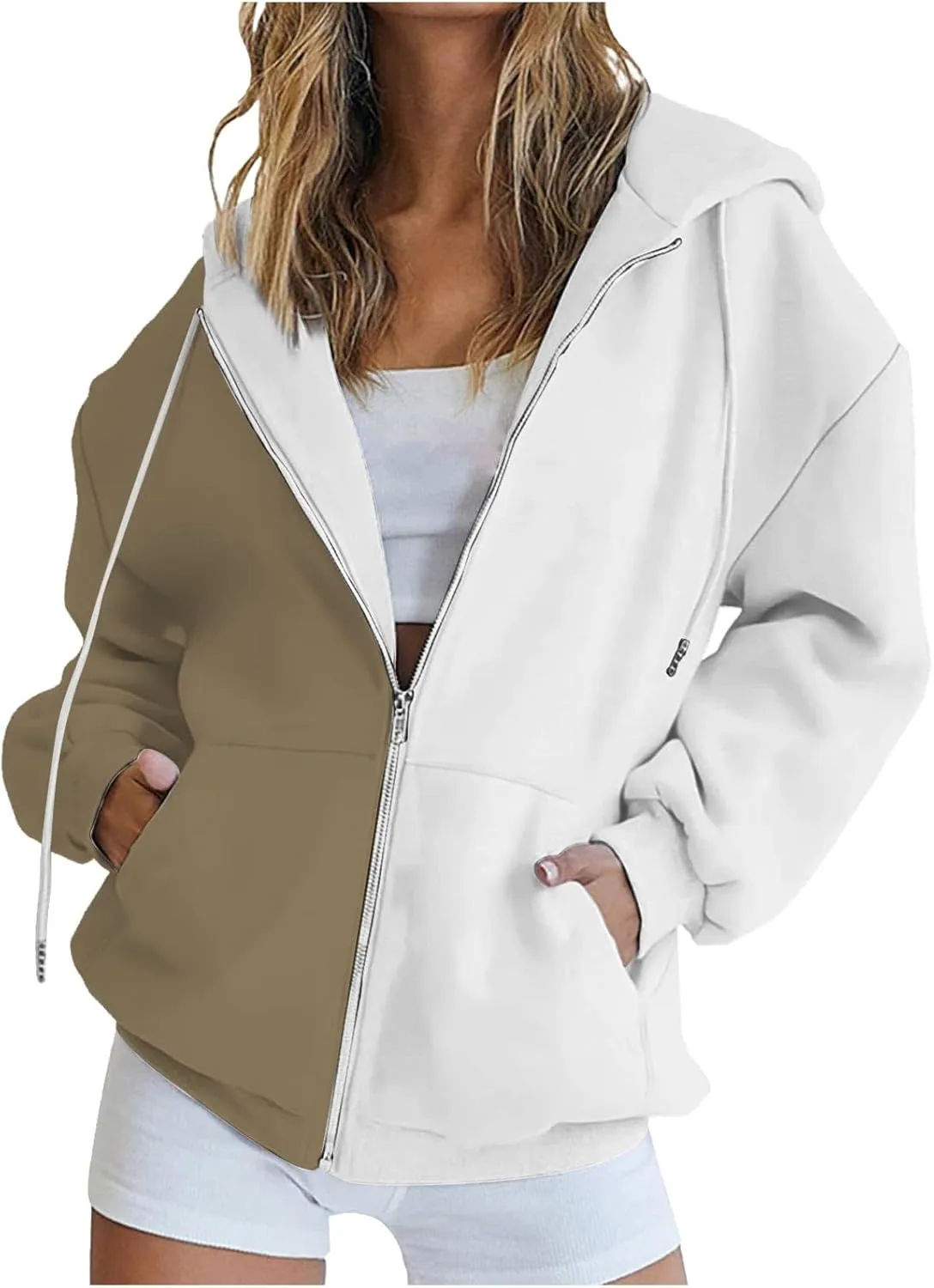 BTDECLAR 2023 Fashion Color Block Hoodie for Women Casual Long Sleeve Oversized Sweatshirts Pocket Zip Up Hoodies Jacket Tops