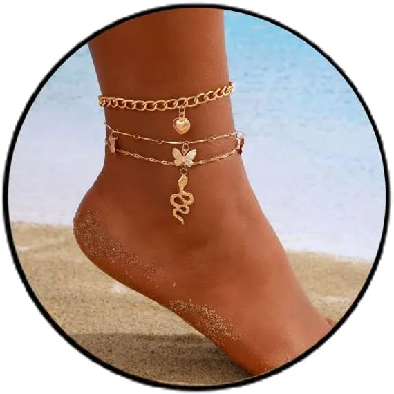 Butterfly Anklets for Women Boho Beach Layered Chain Anklets Snake Heart Zircon Cuban Chain Anklet Summer Beach Jewelry for Women