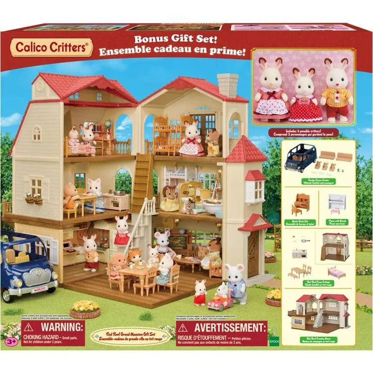 Calico Critters Red Roof Grand Mansion Dollhouse Playset with 3 Figures, Furniture, Vehicle and Accessories