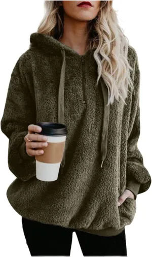 Canbebig Sherpa Hoodies for Women Oversized Fuzzy Fleece Pullover Sweatshirt Winter Warm Athletic Coat Outerwear with Pockets