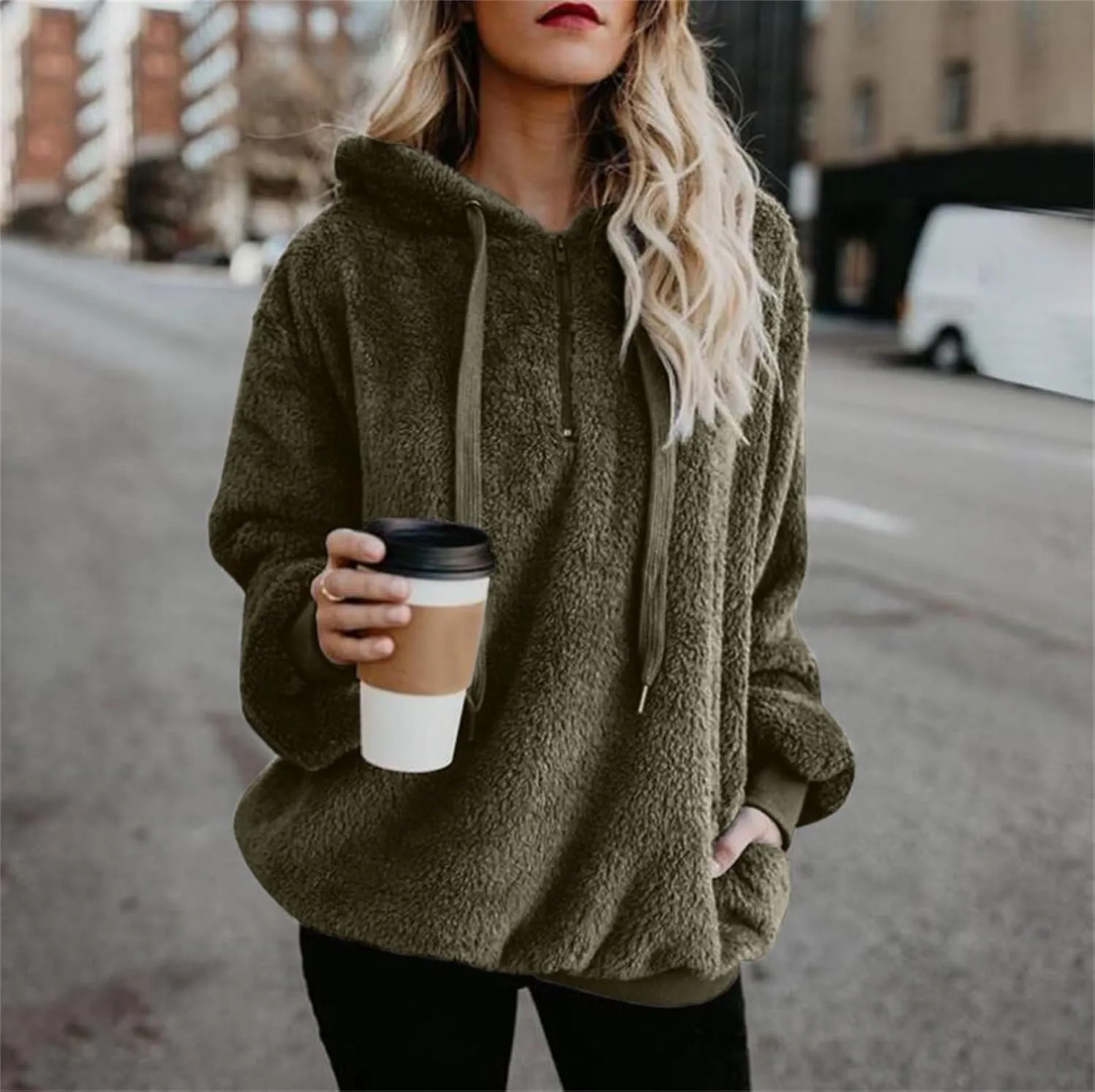 Canbebig Sherpa Hoodies for Women Oversized Fuzzy Fleece Pullover Sweatshirt Winter Warm Athletic Coat Outerwear with Pockets
