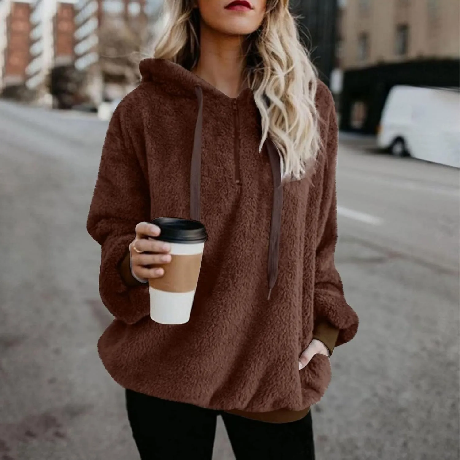 Canbebig Sherpa Hoodies for Women Oversized Fuzzy Fleece Pullover Sweatshirt Winter Warm Athletic Coat Outerwear with Pockets
