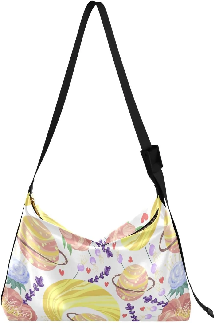 Cartoon Moon Planets Hobo Crossbody Bags for Women Leather Large Shoulder Bag Cross Body Flowers Heart Trendy Womens Tote Bags Handbag for Travel Shopping