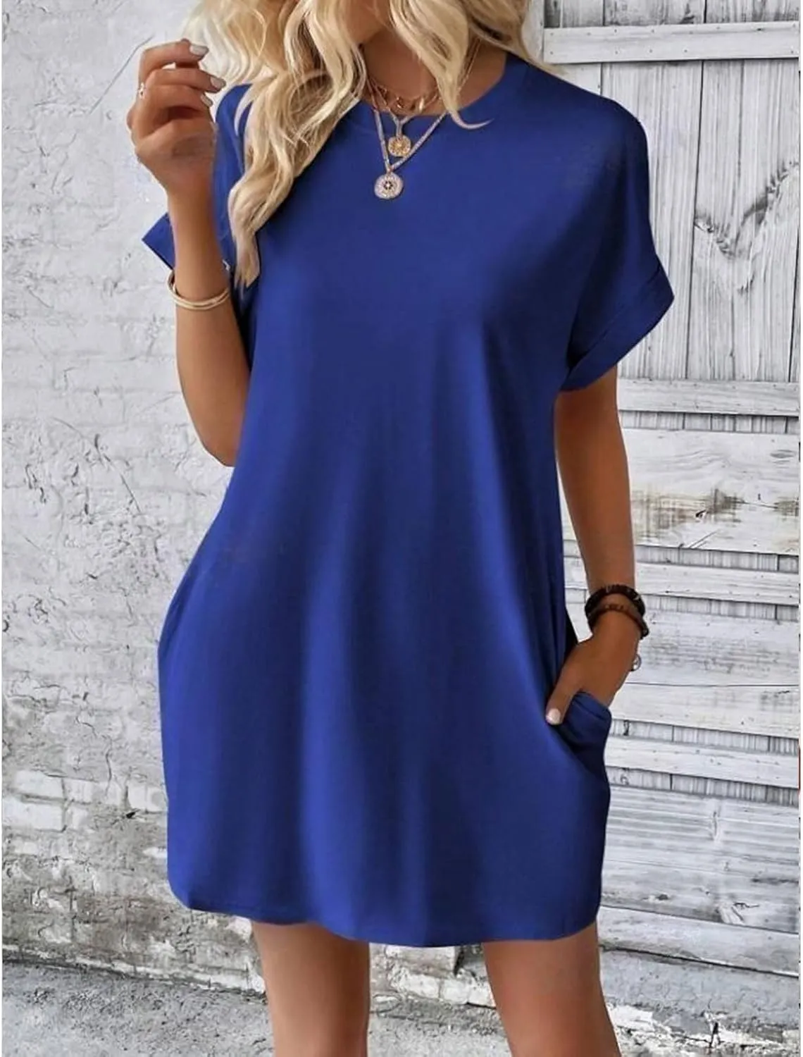 Casual Mini Dresses for Women Summer Crewneck Short Sleeve Dress Loose Fit Solid Color Beach Sundress with Pockets