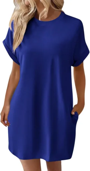 Casual Mini Dresses for Women Summer Crewneck Short Sleeve Dress Loose Fit Solid Color Beach Sundress with Pockets