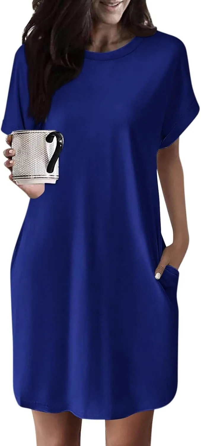 Casual Mini Dresses for Women Summer Crewneck Short Sleeve Dress Loose Fit Solid Color Beach Sundress with Pockets