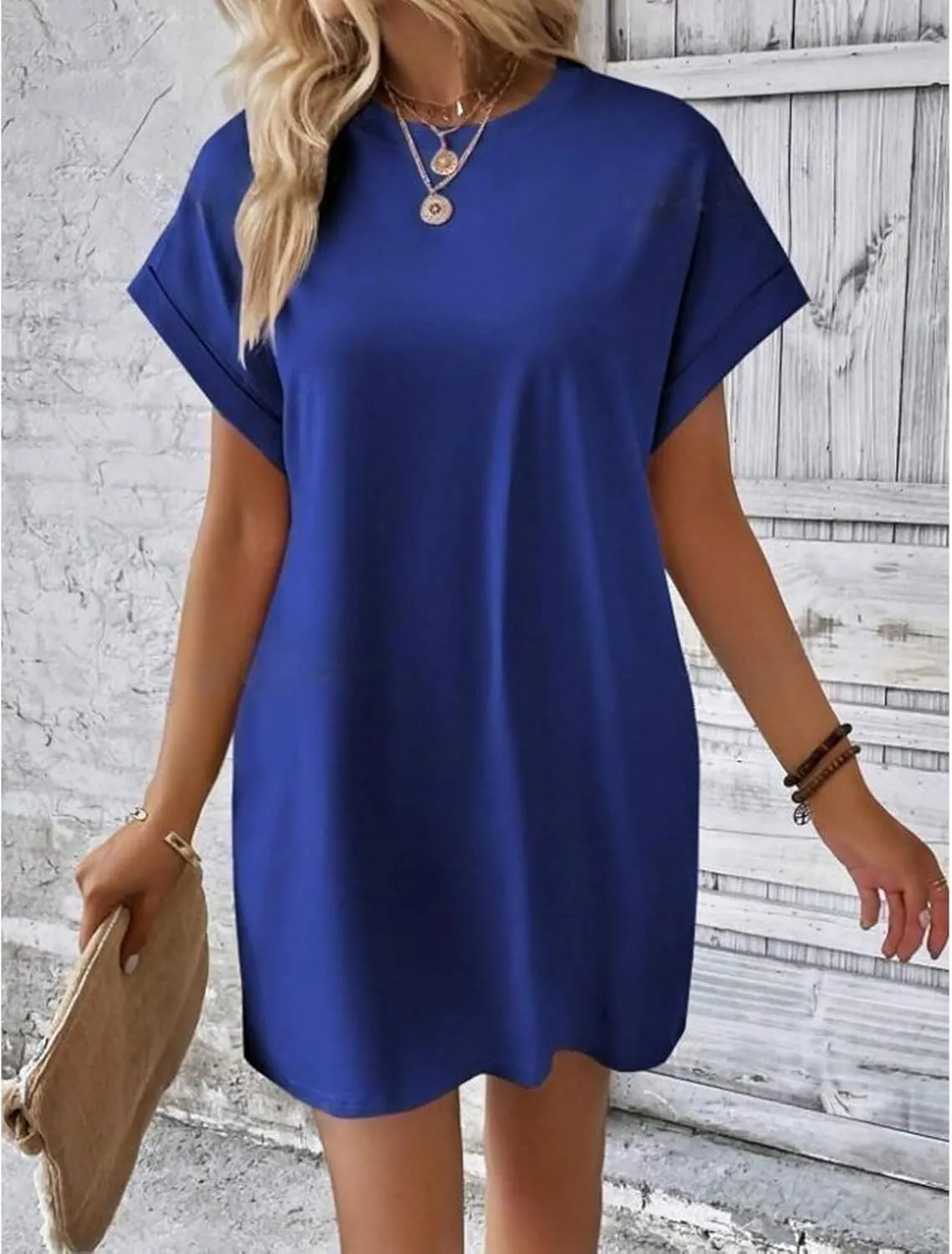 Casual Mini Dresses for Women Summer Crewneck Short Sleeve Dress Loose Fit Solid Color Beach Sundress with Pockets