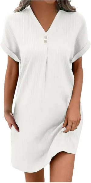 Casual Short Sleeve Summer Dresses for Women 2025 V Neck Boho Beach Dress Mini T Shirt Sundresses Dressy Work Ouftits
