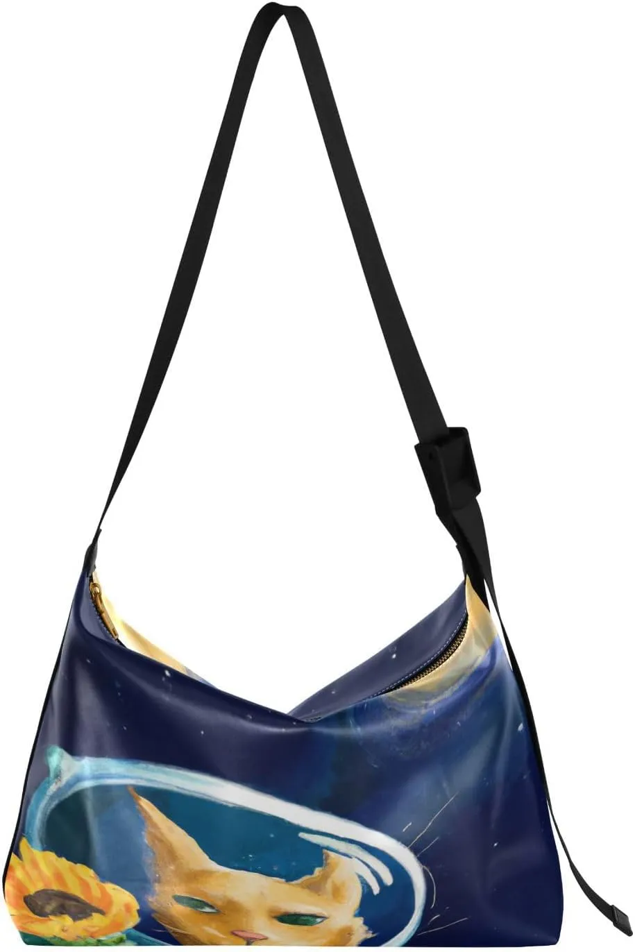 Cat in Outer Space Hobo Crossbody Bags for Women Leather Large Shoulder Bag Cross Body Sunflower Trendy Womens Tote Bags Handbag for Travel Shopping