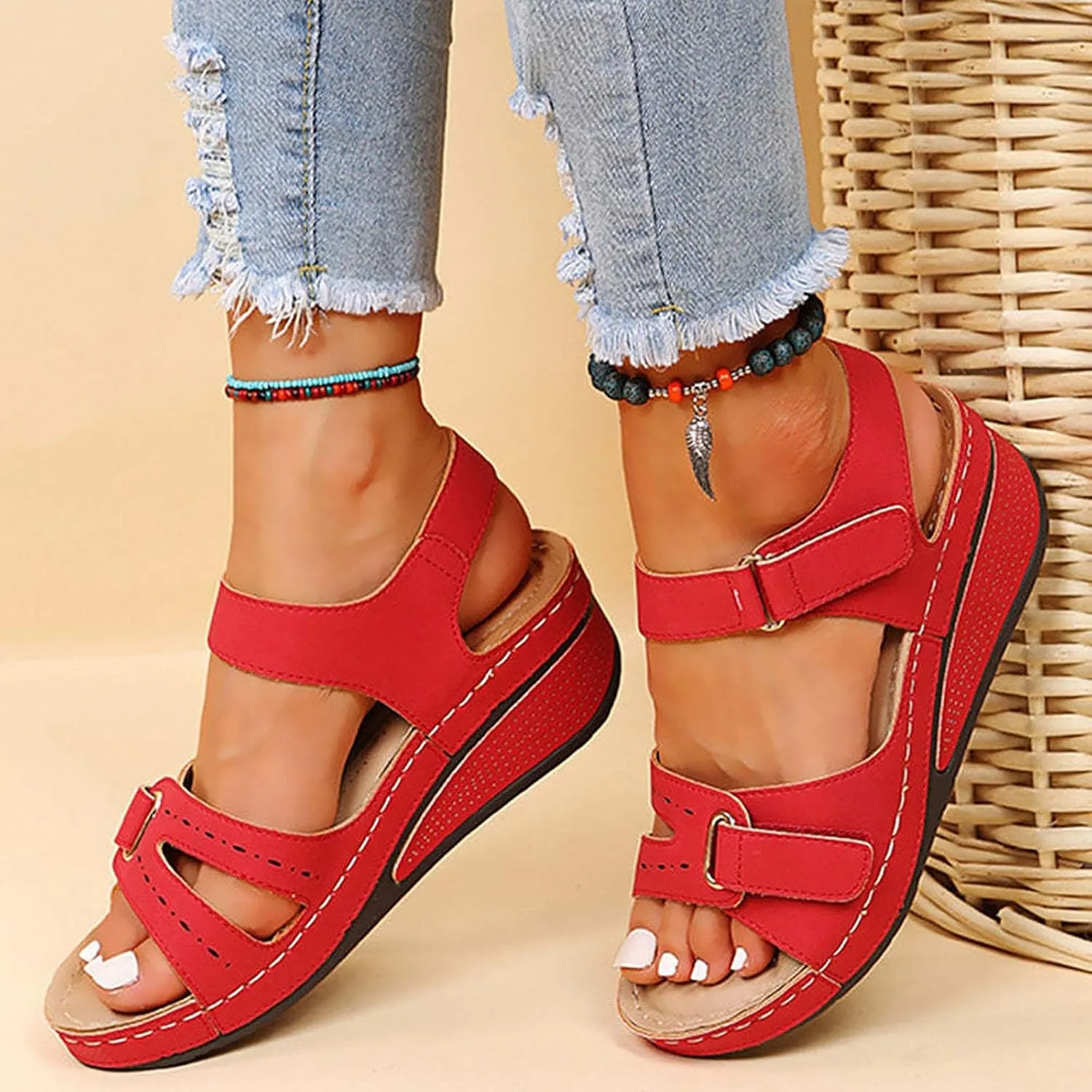 Cathalem Orthopedic Wedge Sandals for Women Summer Dressy Open Toe Ankle Strap Platform Casual Slip on Wedges Outdoor Beach Shoes