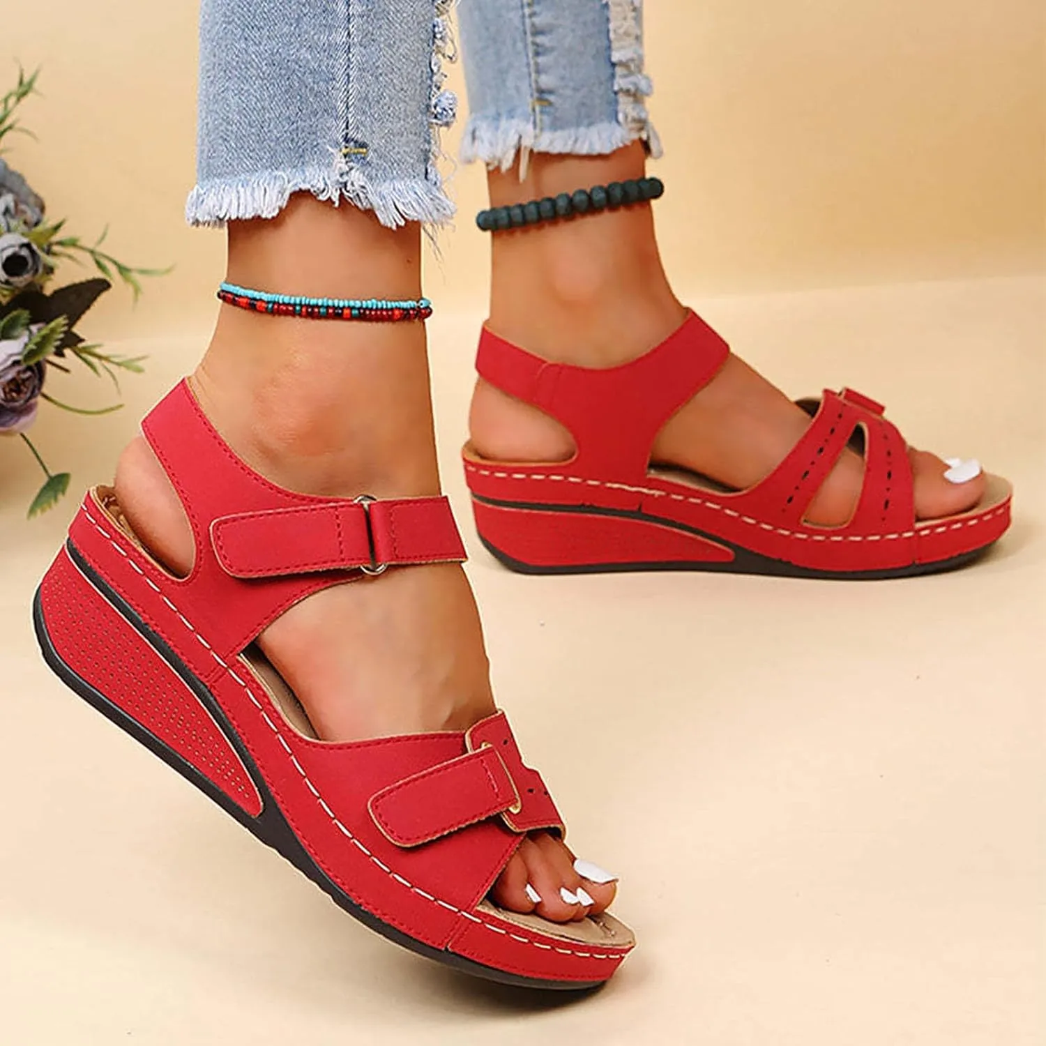 Cathalem Orthopedic Wedge Sandals for Women Summer Dressy Open Toe Ankle Strap Platform Casual Slip on Wedges Outdoor Beach Shoes