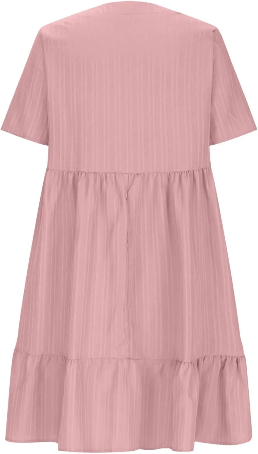 Cbcbtwo Summer Dresses for Women 2025 Casual Loose Fit V Neck Dress Short Sleeve Solid Flowy Sundress Vacation Midi Dress