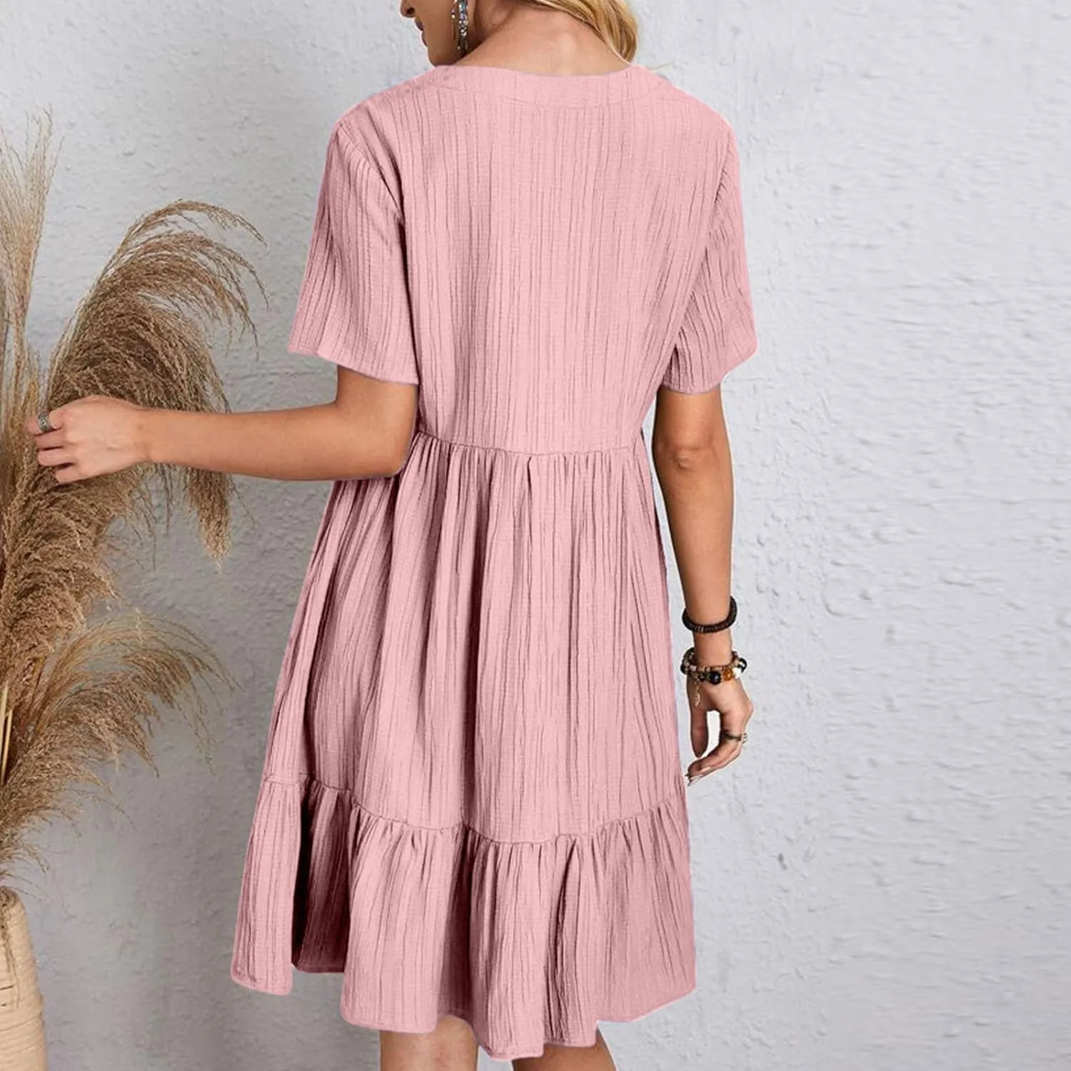 Cbcbtwo Summer Dresses for Women 2025 Casual Loose Fit V Neck Dress Short Sleeve Solid Flowy Sundress Vacation Midi Dress