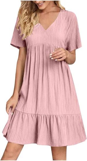 Cbcbtwo Summer Dresses for Women 2025 Casual Loose Fit V Neck Dress Short Sleeve Solid Flowy Sundress Vacation Midi Dress