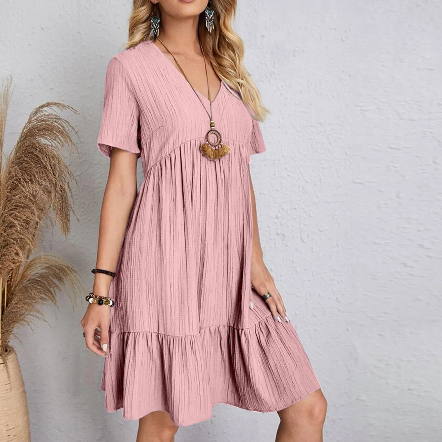 Cbcbtwo Summer Dresses for Women 2025 Casual Loose Fit V Neck Dress Short Sleeve Solid Flowy Sundress Vacation Midi Dress