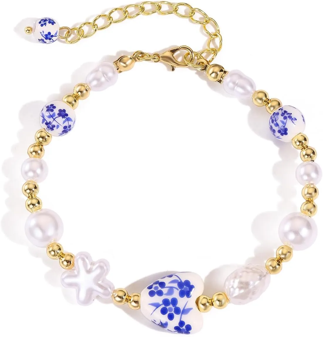Ceramic Beads Pearl Star Charm Bracelet Bracelet for Women,Vintage Link Bracelet Handmade Beaded Delicate Jewelry Gift