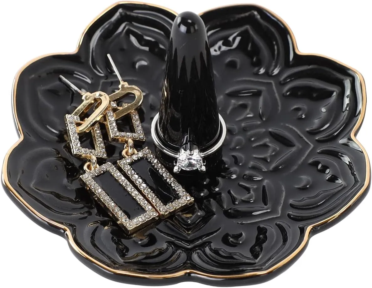 Ceramic Black Mandala Jewelry Holder Decorative Ring Holder/Trinket Tray Birthday Valentine Engagement Wedding Gifts for Women Her