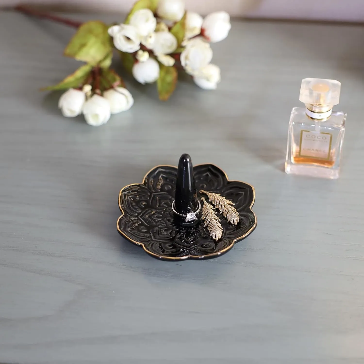 Ceramic Black Mandala Jewelry Holder Decorative Ring Holder/Trinket Tray Birthday Valentine Engagement Wedding Gifts for Women Her