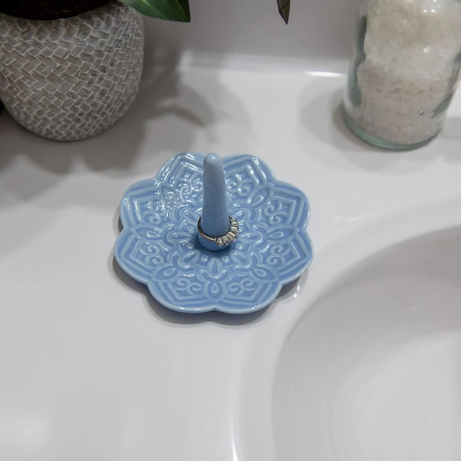 Ceramic Blue Mandala Ring Holder Decorative Jewelry Holder/Trinket Tray Engagement Christmas Wedding Birthday Gifts for Women