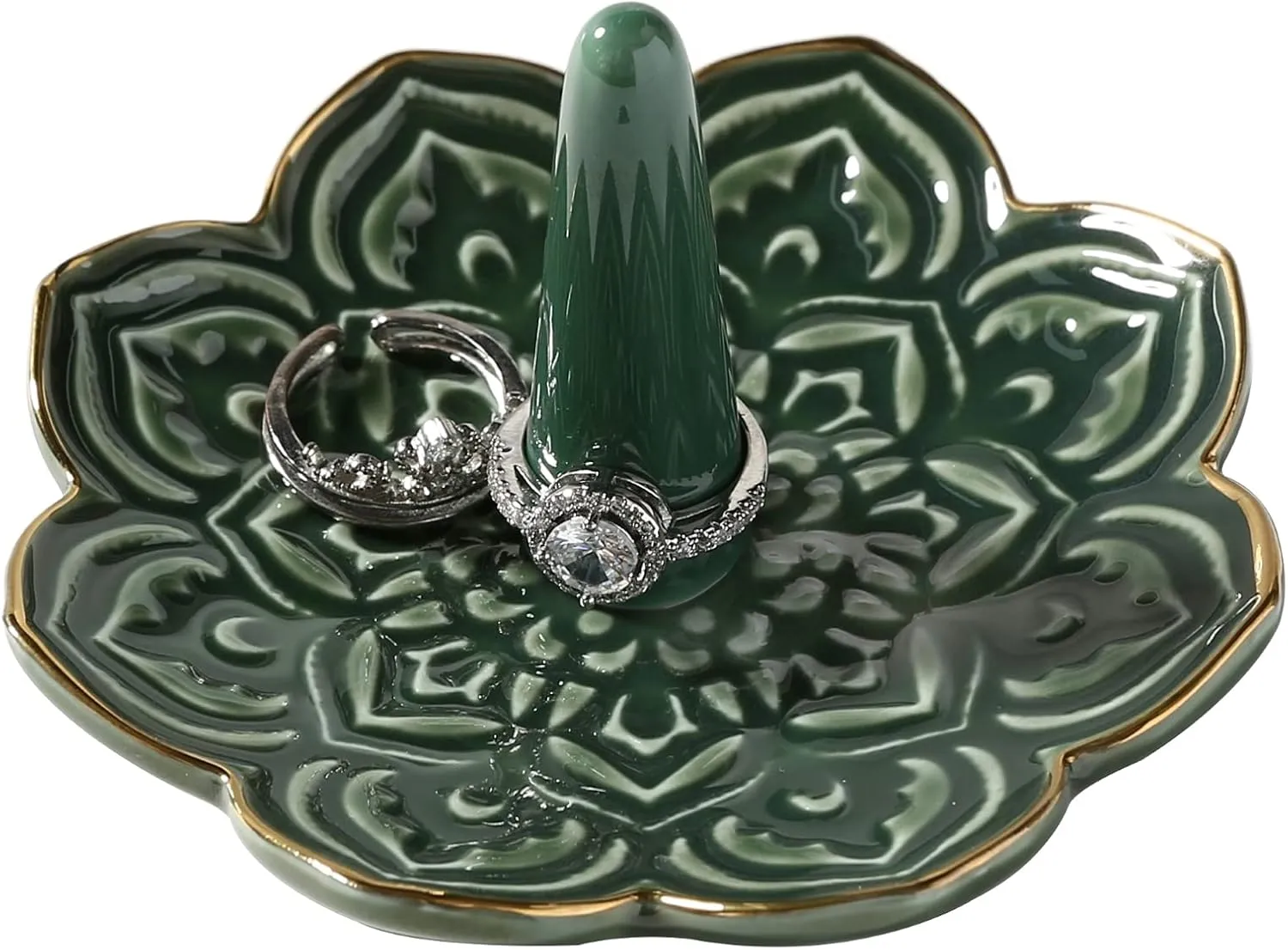 Ceramic Green Mandala Ring Holder Decorative Jewelry Holder/Trinket Tray Engagement Christmas Wedding Birthday Gifts for Women