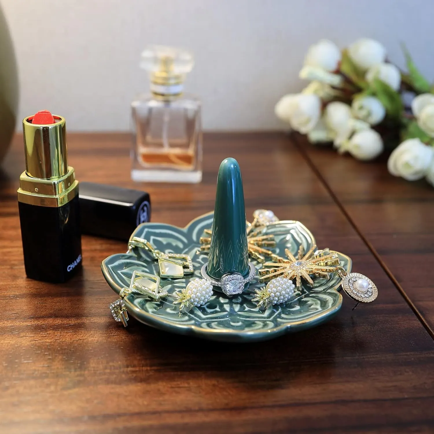 Ceramic Green Mandala Ring Holder Decorative Jewelry Holder/Trinket Tray Engagement Christmas Wedding Birthday Gifts for Women