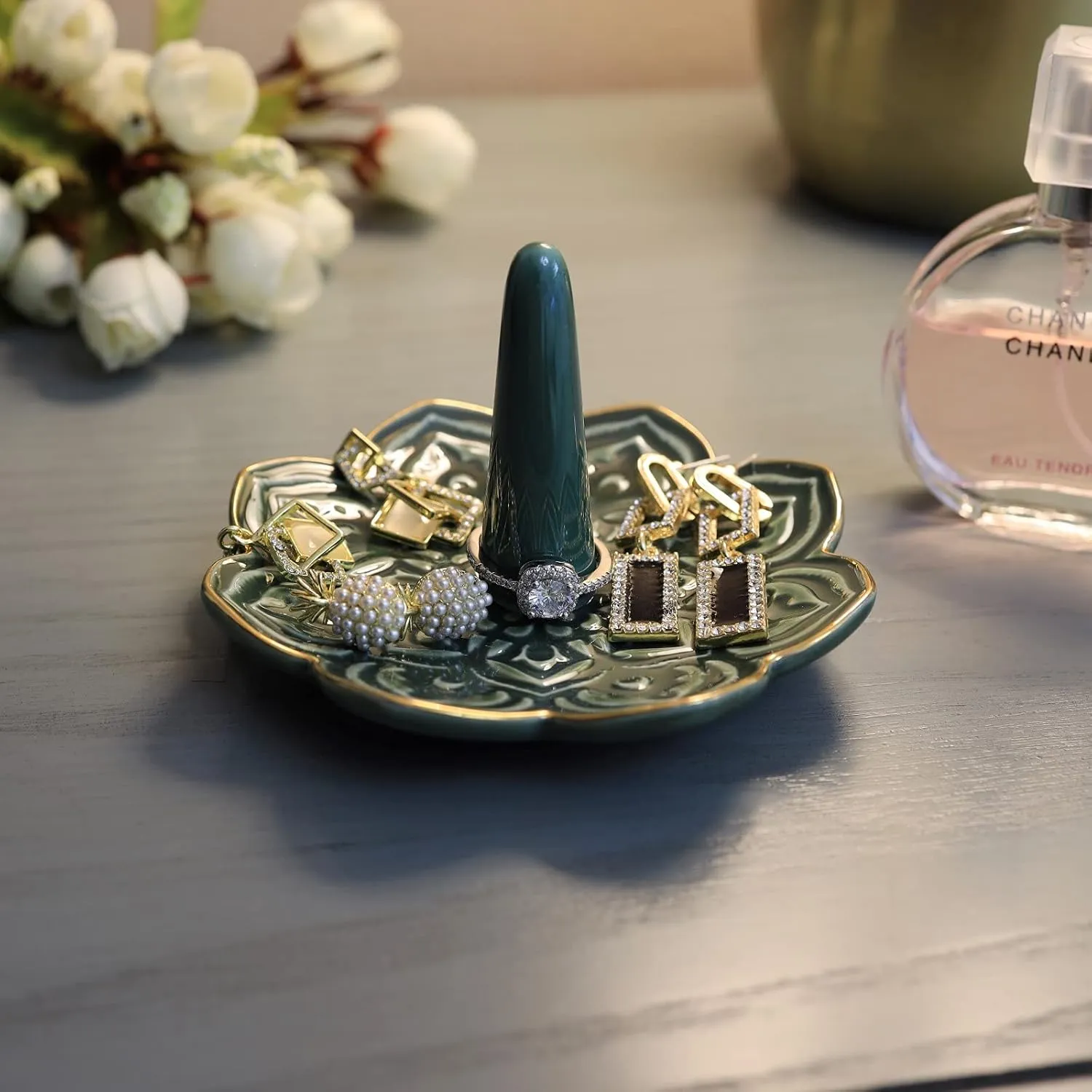 Ceramic Green Mandala Ring Holder Decorative Jewelry Holder/Trinket Tray Engagement Christmas Wedding Birthday Gifts for Women