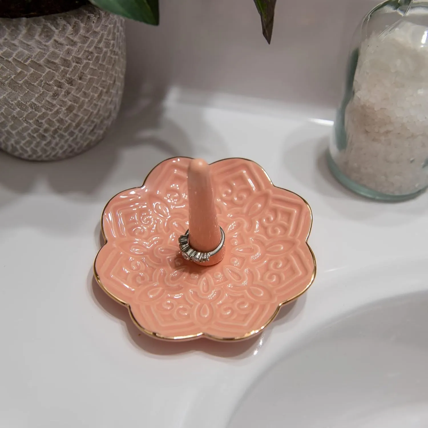 Ceramic Pink Mandala Jewelry Holder Decorative Ring Holder/Trinket Tray Valentine's Day Engagement Wedding Birthday Gifts for Women Her