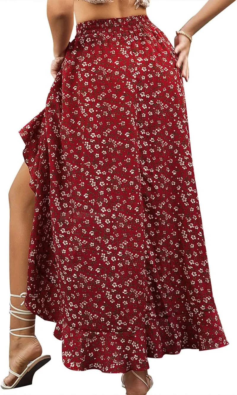 CHARTOU Women's Boho Elastic High Waist High Low Ruffle Floral Print Maxi Sexy Swing Skirt