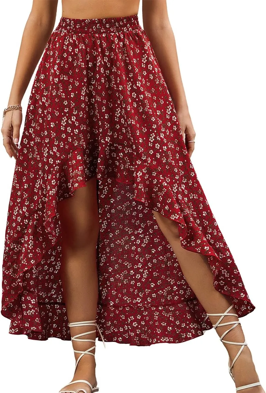 CHARTOU Women's Boho Elastic High Waist High Low Ruffle Floral Print Maxi Sexy Swing Skirt