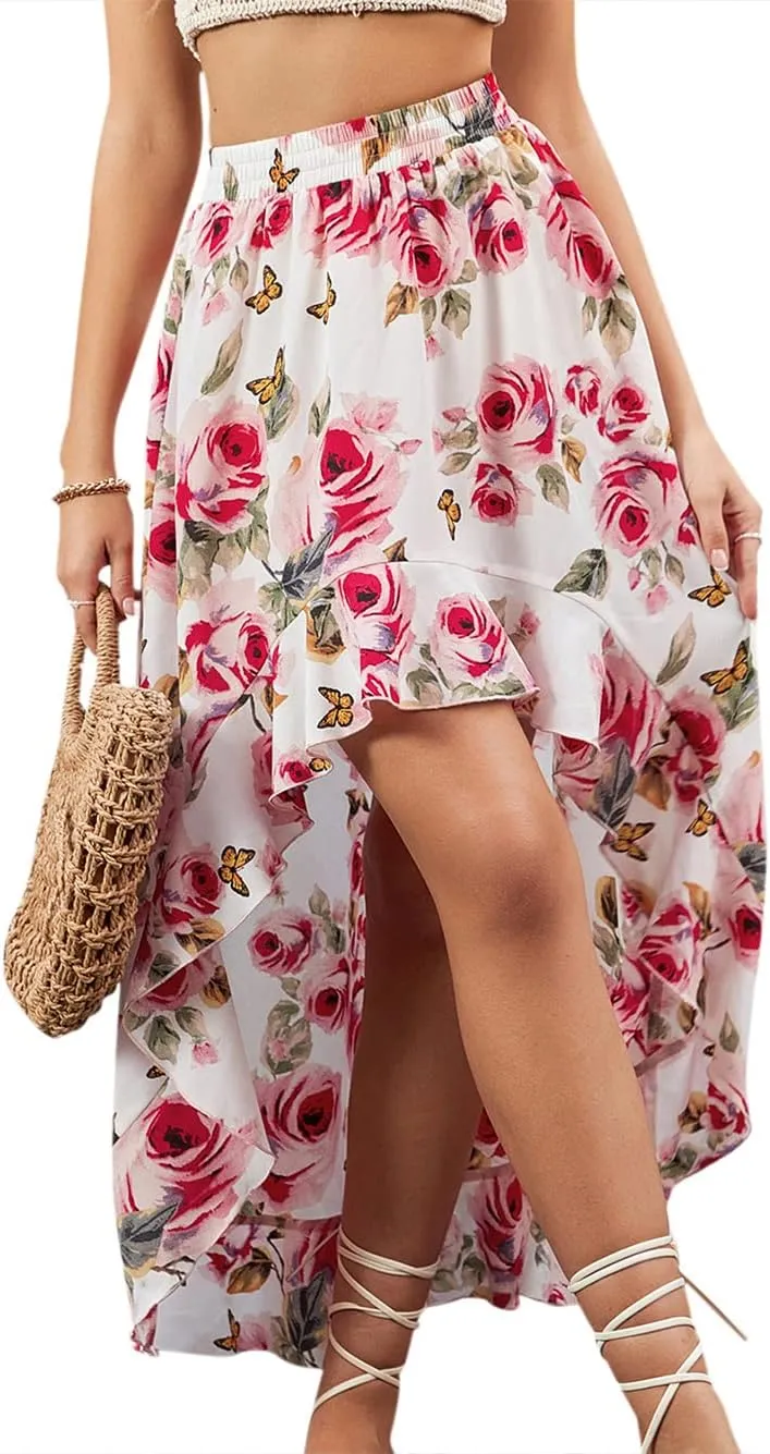 CHARTOU Women's Boho Elastic High Waist High Low Ruffle Floral Print Maxi Sexy Swing Skirt