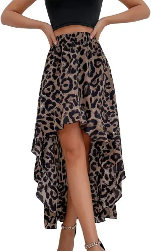 CHARTOU Women's Boho Elastic High Waist High Low Ruffle Floral Print Maxi Sexy Swing Skirt
